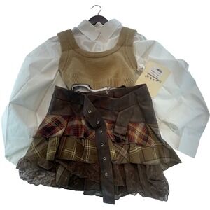 Plaid Tiered Ruffle Skirt Brown Lace Faux Leather Trim Mini Punk Grunge Med 3Set
